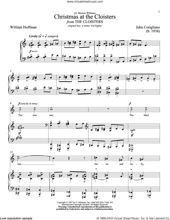 Christmas At The Cloisters sheet music for voice and piano (Low Voice) by John Corigliano, Richard Walters and William Hoffman, classical score, intermediate skill level