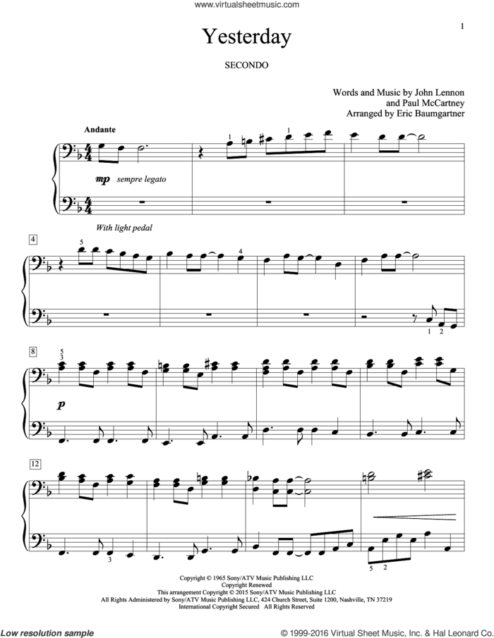 Yesterday sheet music for piano four hands by Paul McCartney, Eric Baumgartner, The Beatles and John Lennon, intermediate skill level