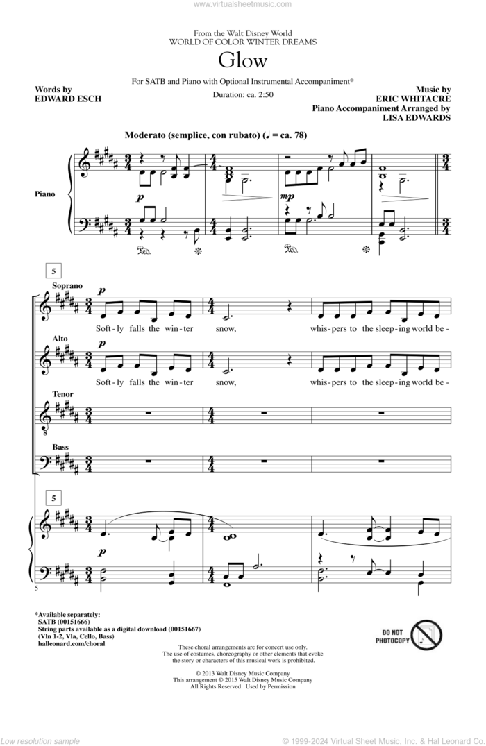 Glow sheet music for choir (SATB: soprano, alto, tenor, bass) by Eric Whitacre and Edward Esch, intermediate skill level
