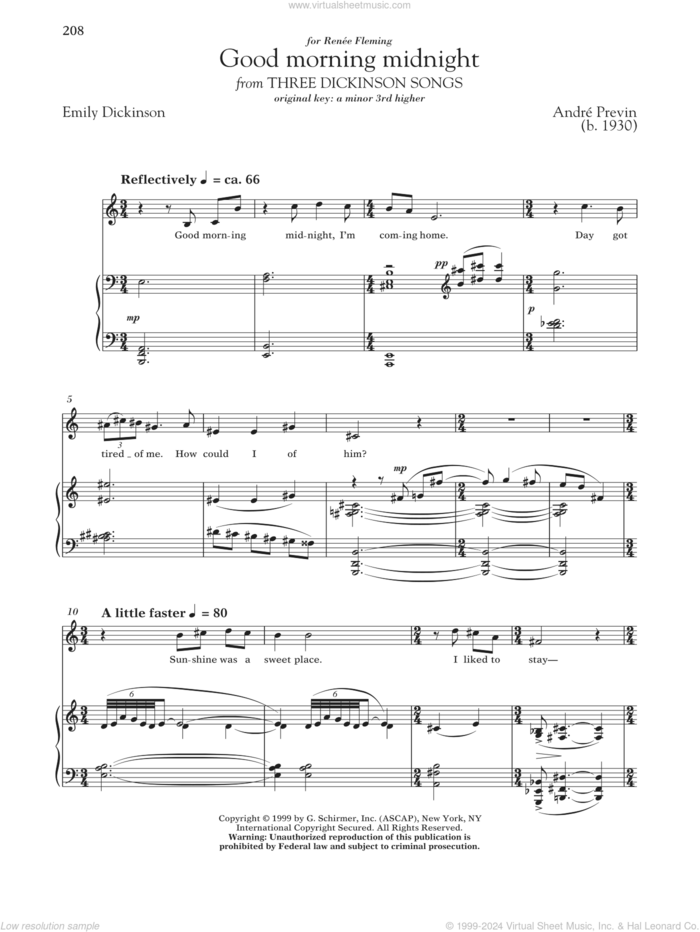 Good Morning Midnight sheet music for voice and piano (Low Voice) by Andre Previn, Richard Walters, Andre Previn and Emily Dickinson, classical score, intermediate skill level