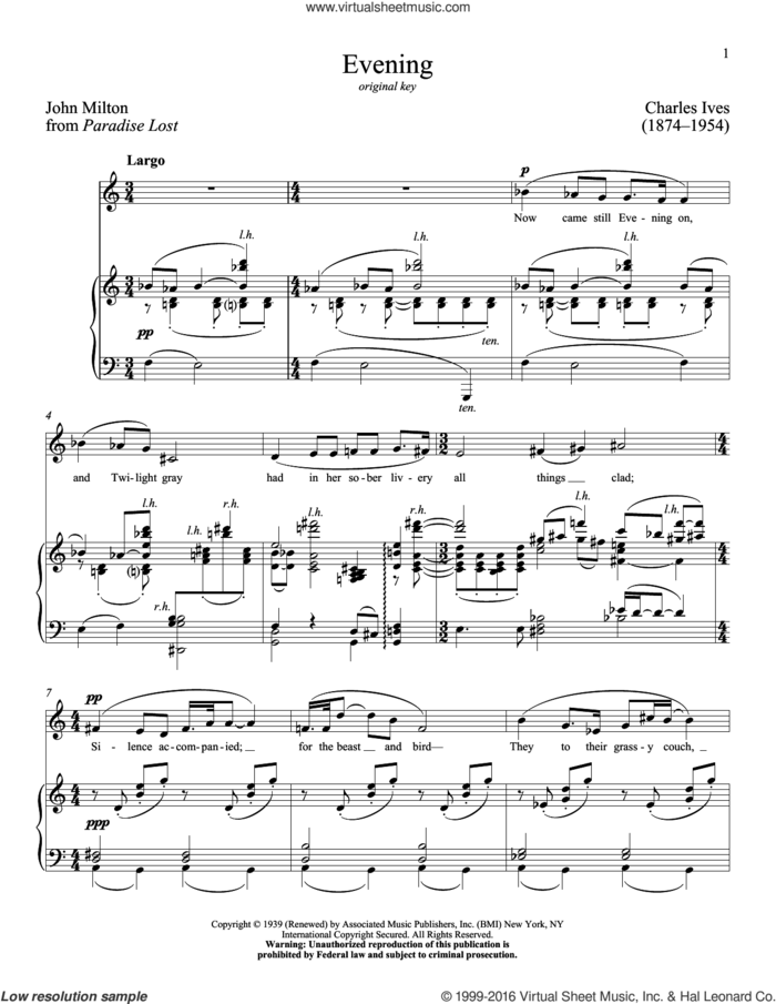 Evening sheet music for voice and piano (Low Voice) by Charles Ives, Richard Walters and John Milton, classical score, intermediate skill level