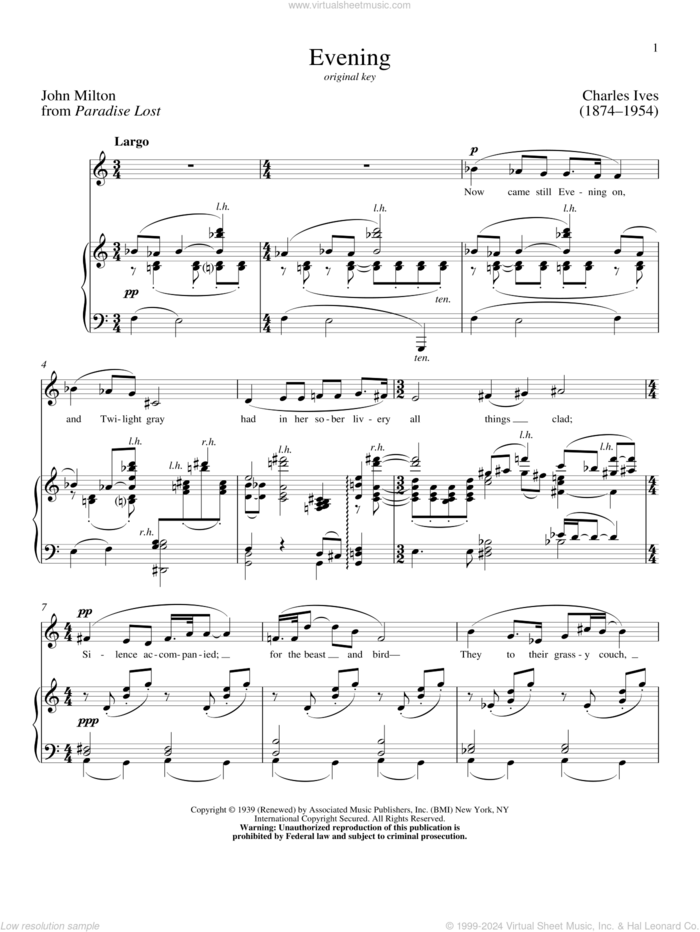 Evening sheet music for voice and piano (Low Voice) by Charles Ives, Richard Walters and John Milton, classical score, intermediate skill level