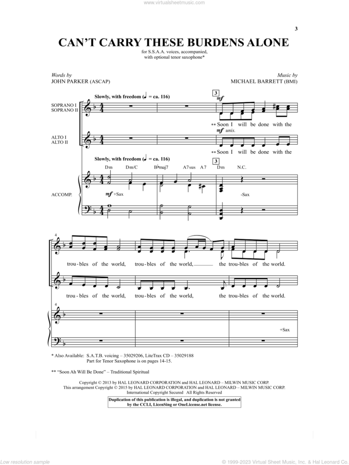 Can't Carry These Burdens Alone sheet music for choir (SSAA: soprano, alto) by John Parker and Michael Barrett, intermediate skill level