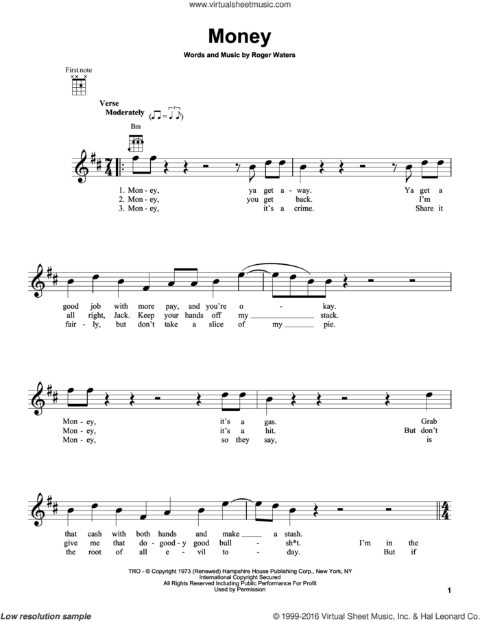 Money sheet music for ukulele by Pink Floyd and Roger Waters, intermediate skill level