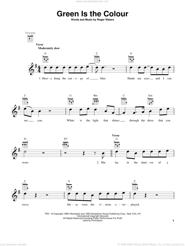 Green Is The Colour sheet music for ukulele by Pink Floyd and Roger Waters, intermediate skill level