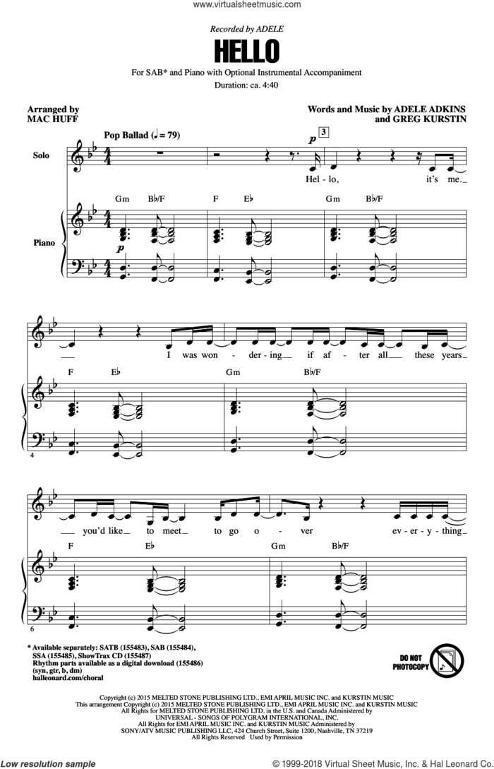Hello (arr. Mac Huff) sheet music for choir (SAB: soprano, alto, bass) by Greg Kurstin, Mac Huff, Adele and Adele Adkins, intermediate skill level
