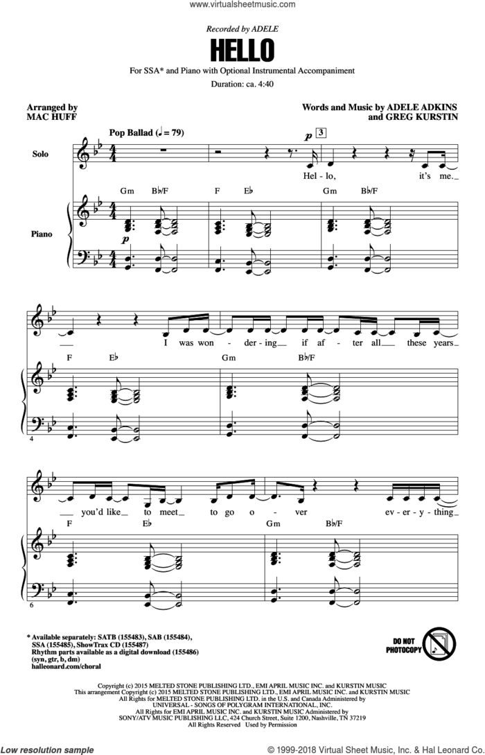 Hello (arr. Mac Huff) sheet music for choir (SSA: soprano, alto) by Mac Huff, Adele, Adele Adkins and Greg Kurstin, intermediate skill level