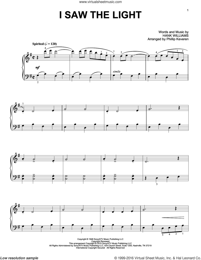 I Saw The Light (arr. Phillip Keveren) sheet music for piano solo by Hank Williams and Phillip Keveren, intermediate skill level