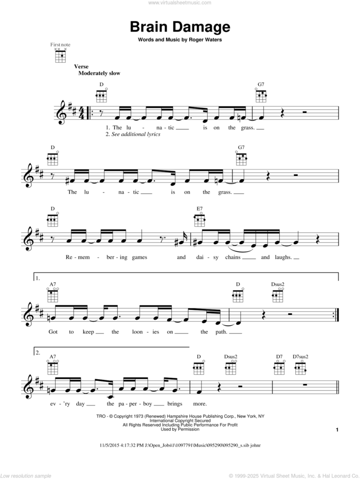 Brain Damage sheet music for ukulele by Pink Floyd and Roger Waters, intermediate skill level