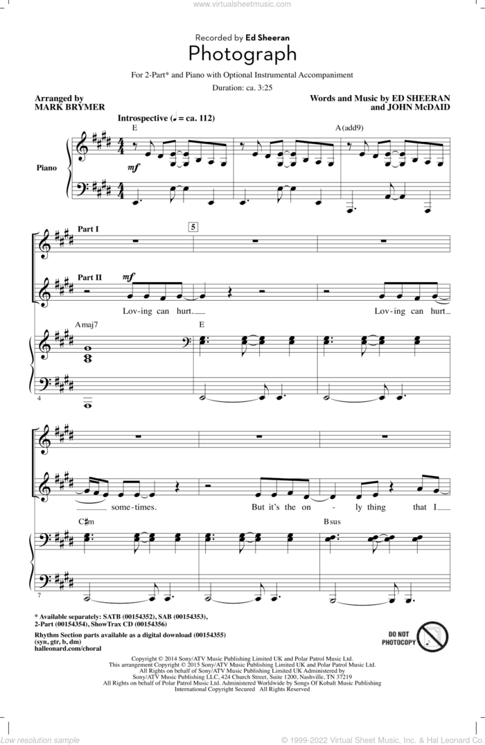 Photograph (arr. Mark Brymer) sheet music for choir (2-Part) by Ed Sheeran, Mark Brymer and John McDaid, intermediate duet