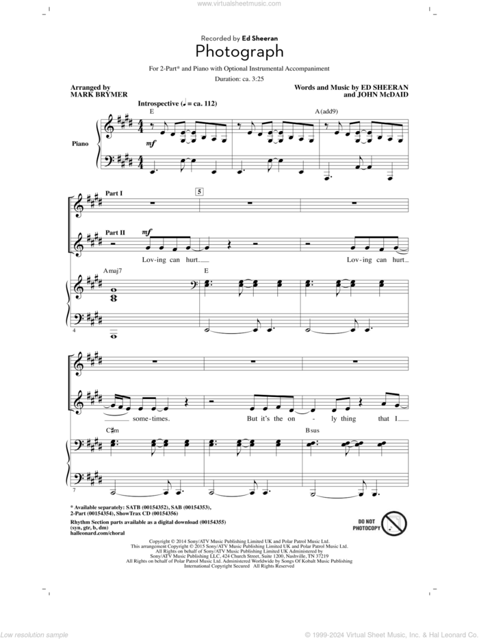 Photograph (arr. Mark Brymer) sheet music for choir (2-Part) by Ed Sheeran, Mark Brymer and John McDaid, intermediate duet