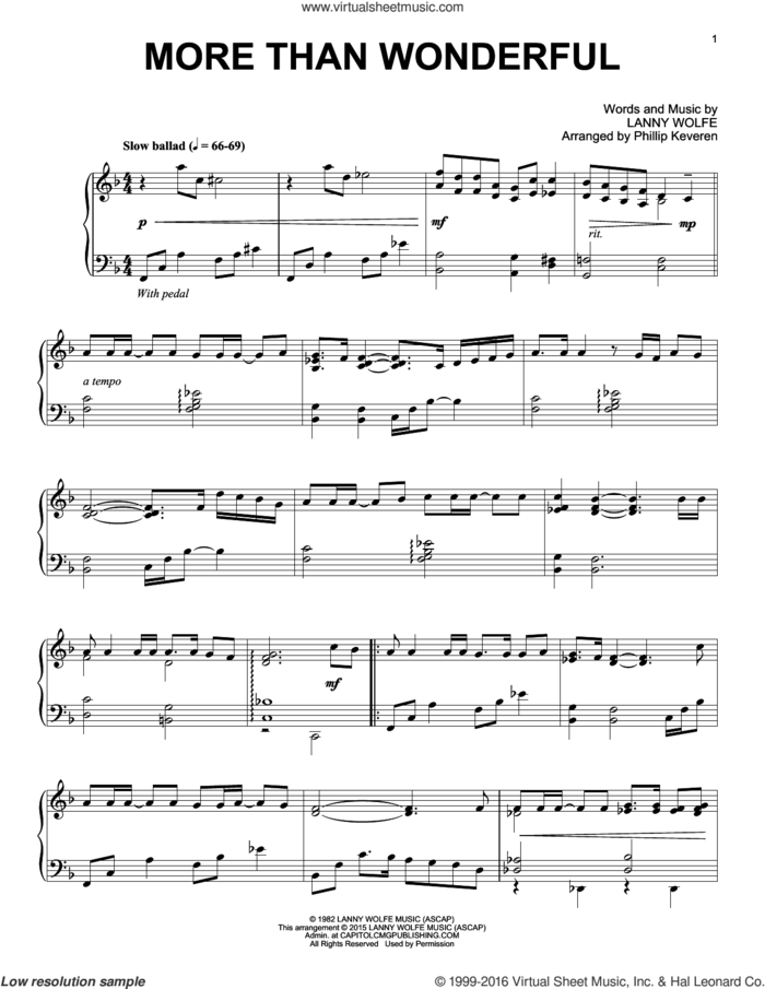 More Than Wonderful (arr. Phillip Keveren) sheet music for piano solo by Lanny Wolfe and Phillip Keveren, intermediate skill level