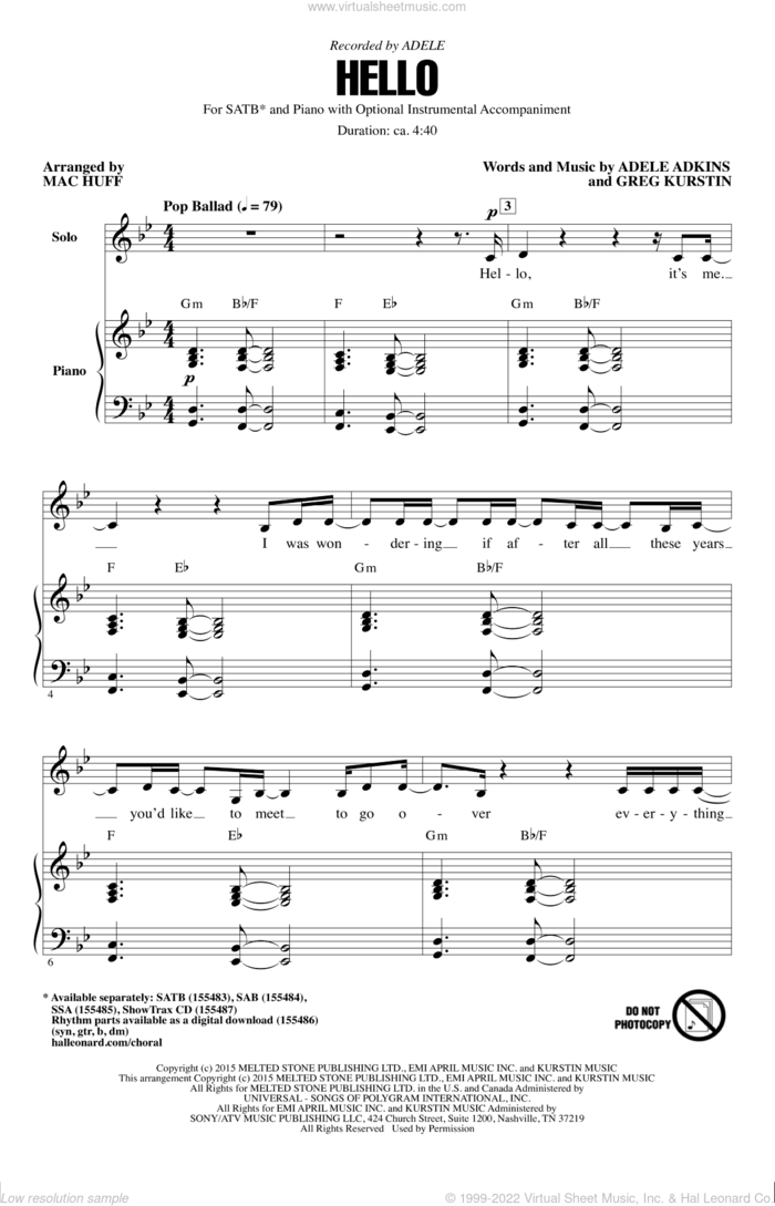 Hello (arr. Mac Huff) sheet music for choir (SATB: soprano, alto, tenor, bass) by Greg Kurstin, Mac Huff, Adele and Adele Adkins, intermediate skill level