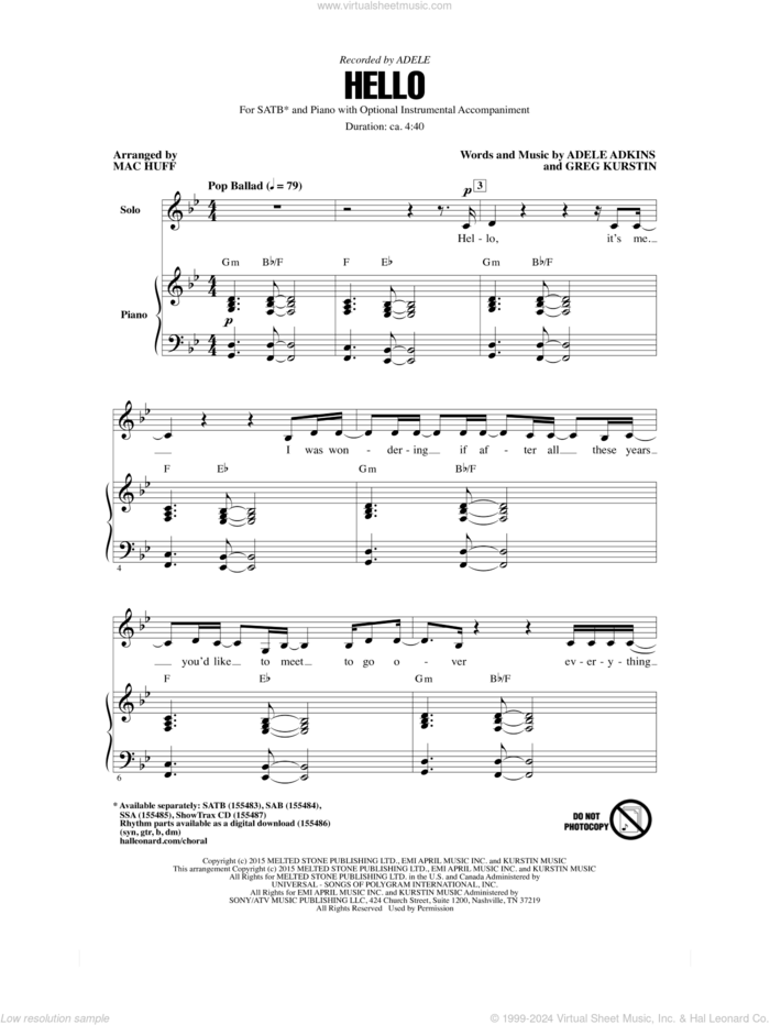 Hello (arr. Mac Huff) sheet music for choir (SATB: soprano, alto, tenor, bass) by Mac Huff, Adele, Adele Adkins and Greg Kurstin, intermediate skill level