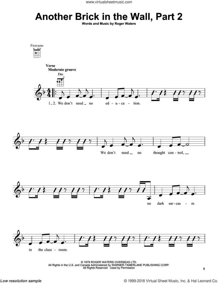 Another Brick In The Wall, Part 2 sheet music for ukulele by Pink Floyd and Roger Waters, intermediate skill level