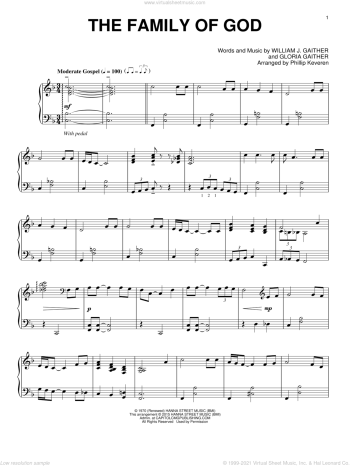 The Family Of God (arr. Phillip Keveren) sheet music for piano solo by Gloria Gaither, Phillip Keveren and William J. Gaither, intermediate skill level