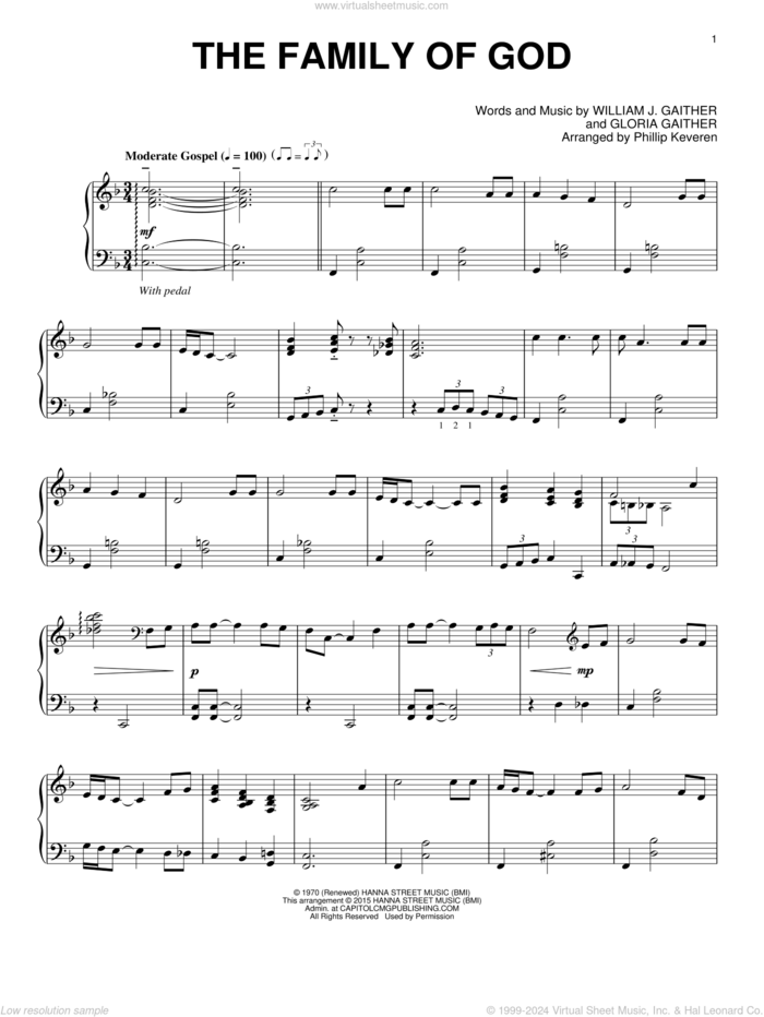 The Family Of God (arr. Phillip Keveren) sheet music for piano solo by Gloria Gaither, Phillip Keveren and William J. Gaither, intermediate skill level