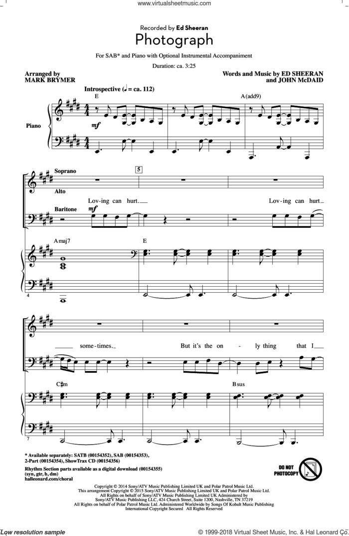 Photograph (arr. Mark Brymer) sheet music for choir (SAB: soprano, alto, bass) by Ed Sheeran, Mark Brymer and John McDaid, intermediate skill level