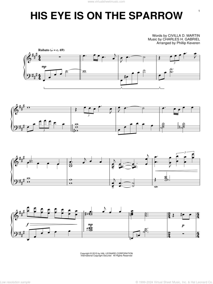 His Eye Is On The Sparrow (arr. Phillip Keveren) sheet music for piano solo by Charles H. Gabriel, Phillip Keveren and Civilla D. Martin, intermediate skill level