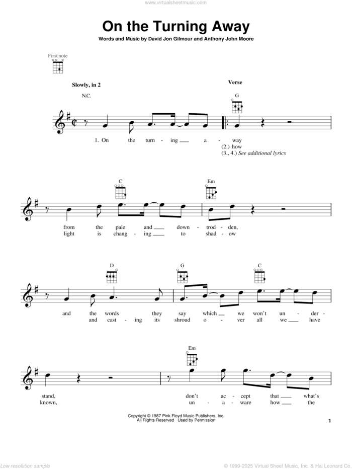 On The Turning Away sheet music for ukulele by Pink Floyd, Anthony John Moore and David Jon Gilmour, intermediate skill level