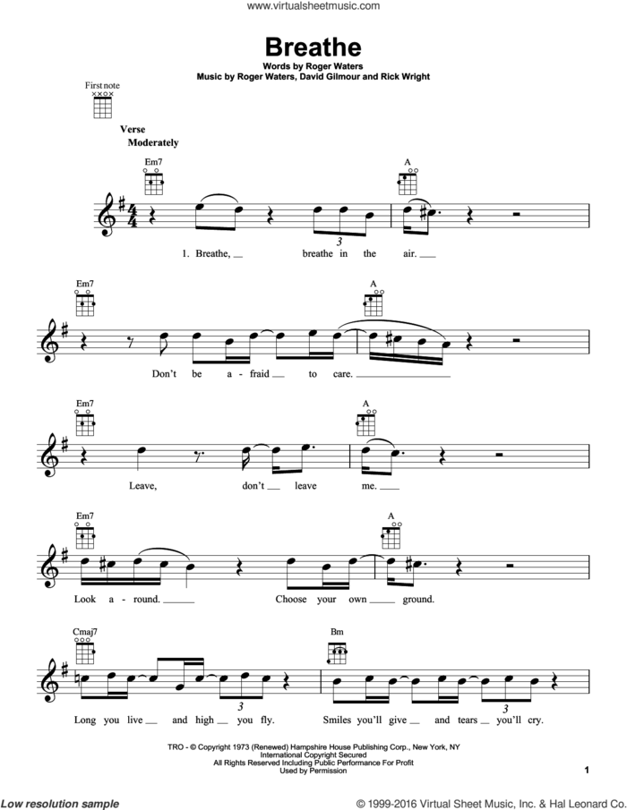 Breathe sheet music for ukulele by Pink Floyd, David Gilmour, Richard Wright and Roger Waters, intermediate skill level