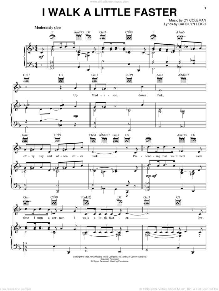 I Walk A Little Faster sheet music for voice, piano or guitar by Cy Coleman and Carolyn Leigh, intermediate skill level