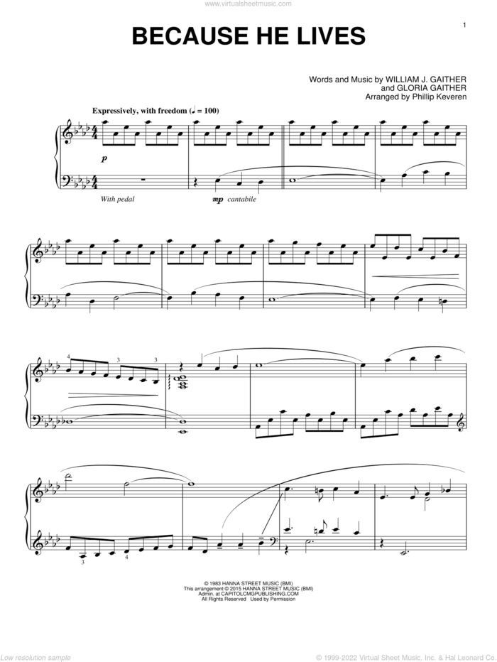 Because He Lives (arr. Phillip Keveren) sheet music for piano solo by Gloria Gaither, Phillip Keveren and William J. Gaither, intermediate skill level