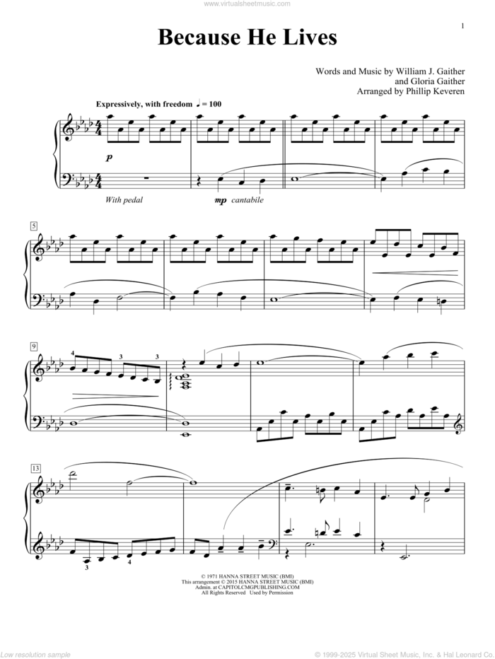 Because He Lives (arr. Phillip Keveren) sheet music for piano solo by Gloria Gaither, Phillip Keveren and William J. Gaither, intermediate skill level