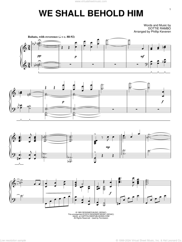 We Shall Behold Him (arr. Phillip Keveren) sheet music for piano solo by Dottie Rambo and Phillip Keveren, intermediate skill level