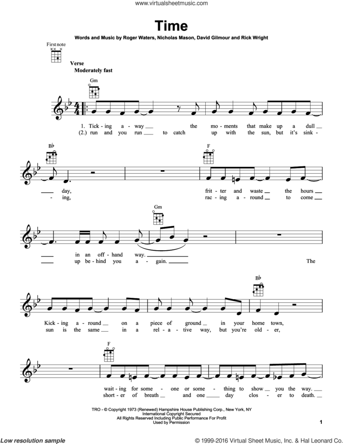 Time sheet music for ukulele by Pink Floyd, David Gilmour, Nicholas Mason, Richard Wright and Roger Waters, intermediate skill level