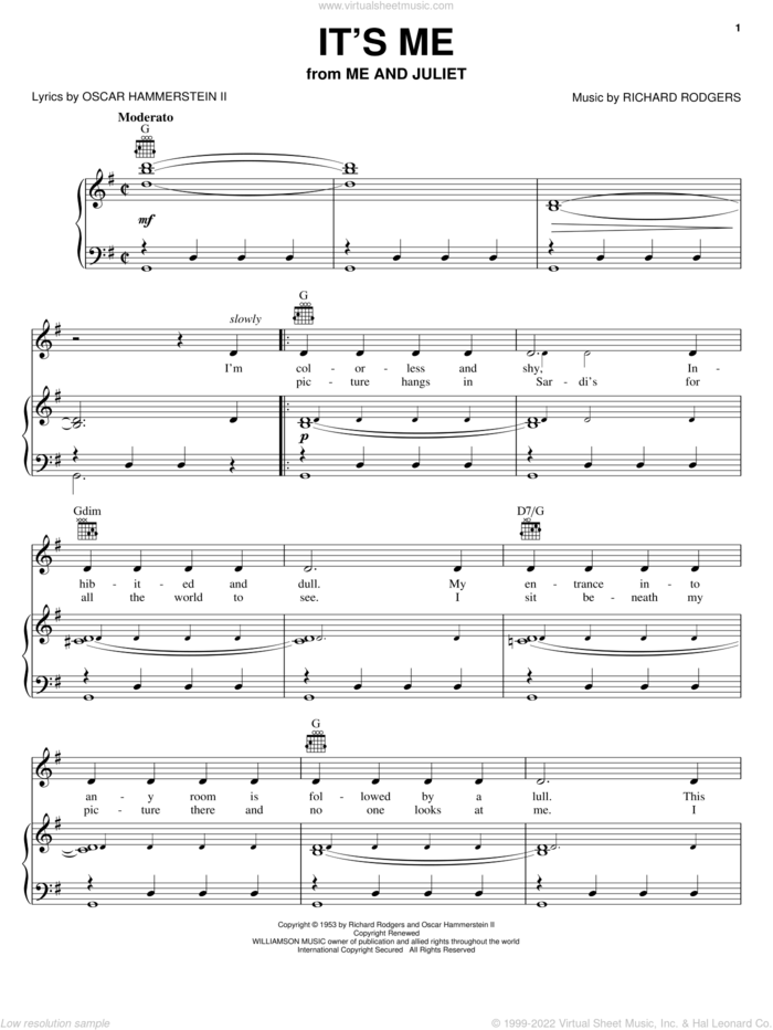 It's Me sheet music for voice, piano or guitar by Rodgers & Hammerstein, Me And Juliet (Musical), Oscar II Hammerstein and Richard Rodgers, intermediate skill level