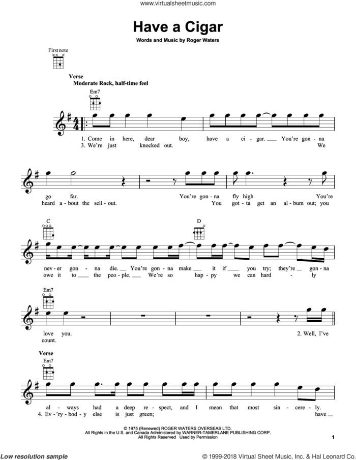 Have A Cigar sheet music for ukulele by Pink Floyd and Roger Waters, intermediate skill level