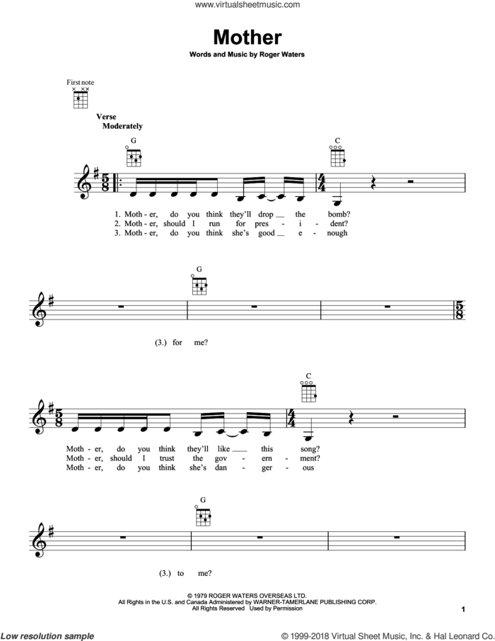 Mother sheet music for ukulele by Pink Floyd and Roger Waters, intermediate skill level
