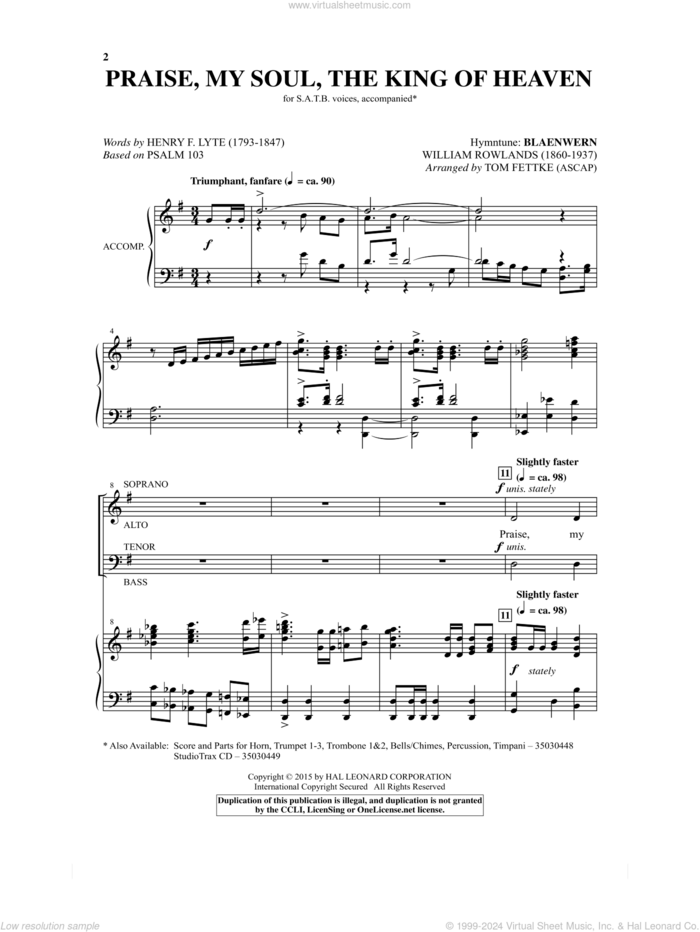 Praise, My Soul, The King Of Heaven sheet music for choir (SATB: soprano, alto, tenor, bass) by Henry F. Lyte, Tom Fettke and William Rowlands, intermediate skill level