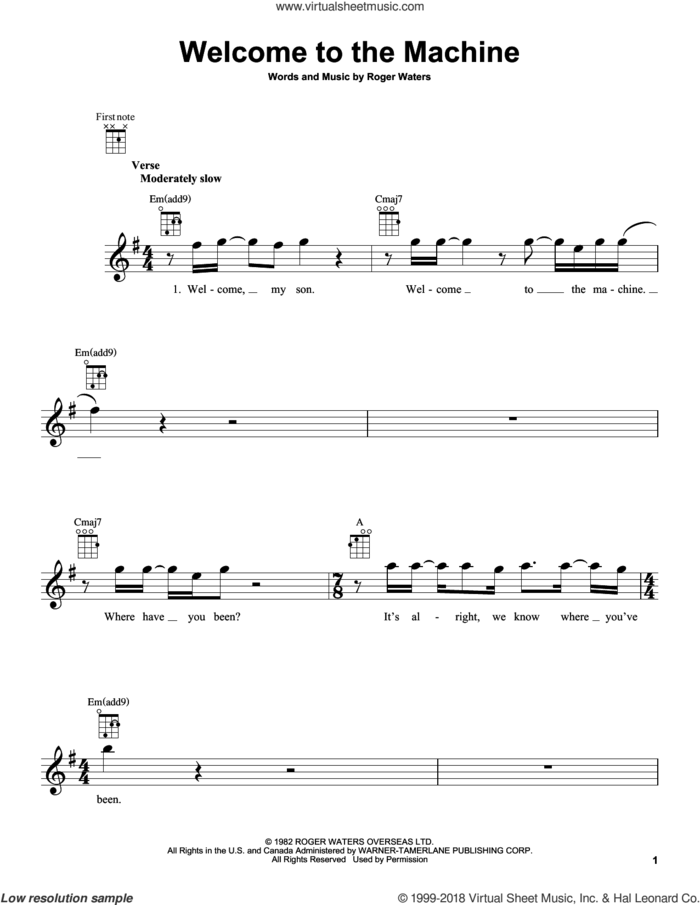 Welcome To The Machine sheet music for ukulele by Pink Floyd and Roger Waters, intermediate skill level