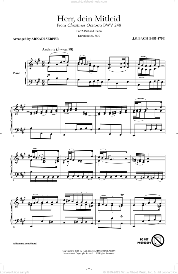 Herr, Dein Mitleid (arr. Arkadi Serper) sheet music for choir (2-Part) by Johann Sebastian Bach and Arkadi Serper, classical score, intermediate duet