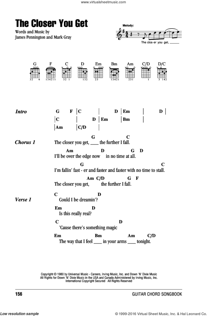 The Closer You Get sheet music for guitar (chords) by Alabama, James Pennington and Mark Gray, intermediate skill level