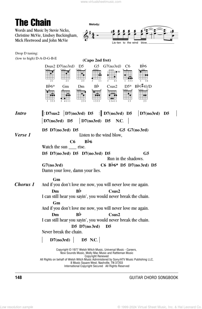 The Chain sheet music for guitar (chords) by Fleetwood Mac, Christine McVie, John McVie, Lindsey Buckingham, Mick Fleetwood and Stevie Nicks, intermediate skill level