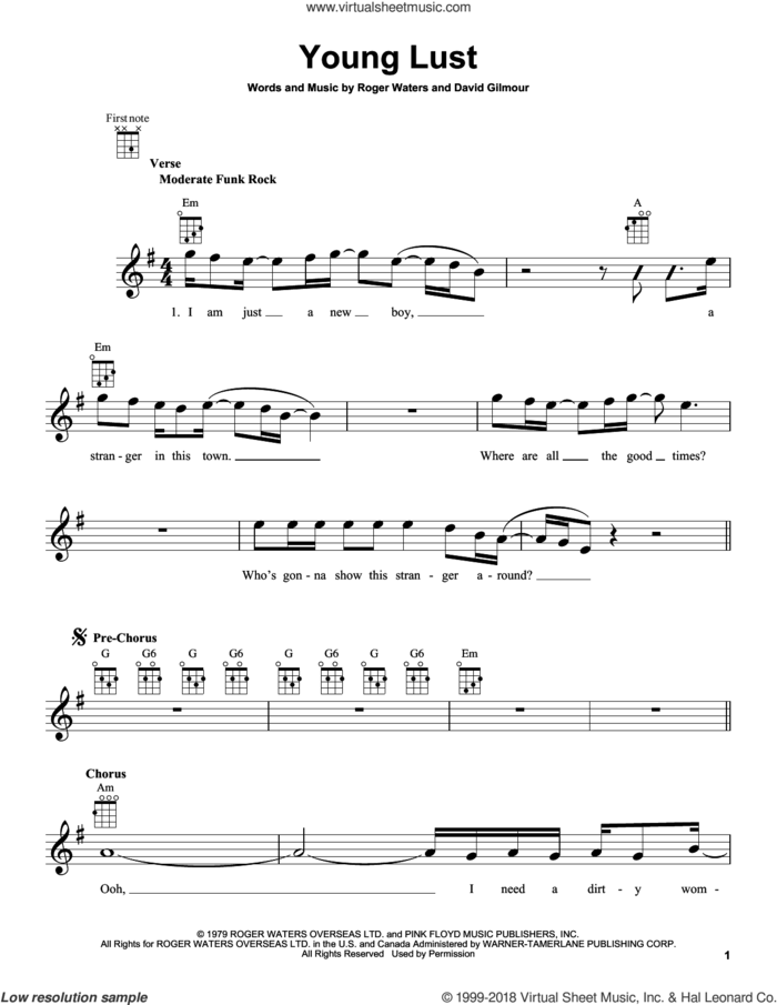 Young Lust sheet music for ukulele by Pink Floyd, David Gilmour and Roger Waters, intermediate skill level