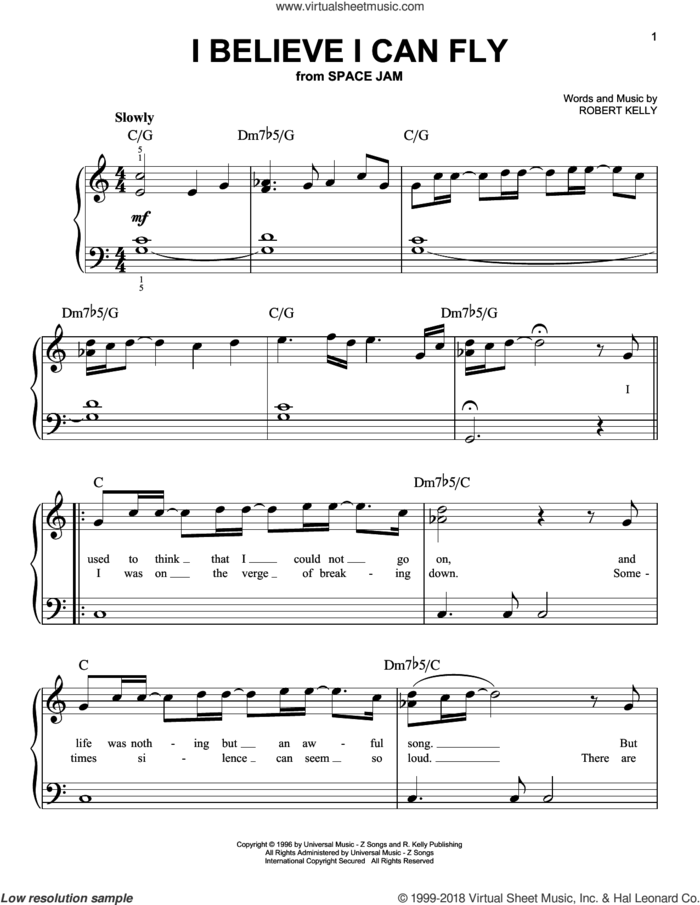 I Believe I Can Fly, (beginner) sheet music for piano solo by Robert Kelly and Jermaine Paul, beginner skill level