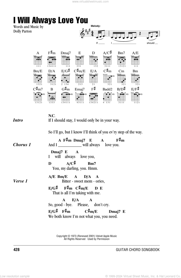 I Will Always Love You sheet music for guitar (chords) by Whitney Houston and Dolly Parton, wedding score, intermediate skill level