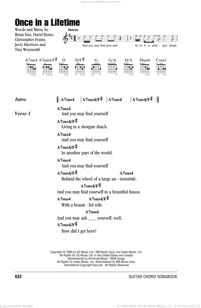 Once In A Lifetime sheet music for guitar (chords) by Talking Heads, Brian Eno, Christopher Frantz, David Byrne, Jerry Harrison and Tina Weymouth, intermediate skill level