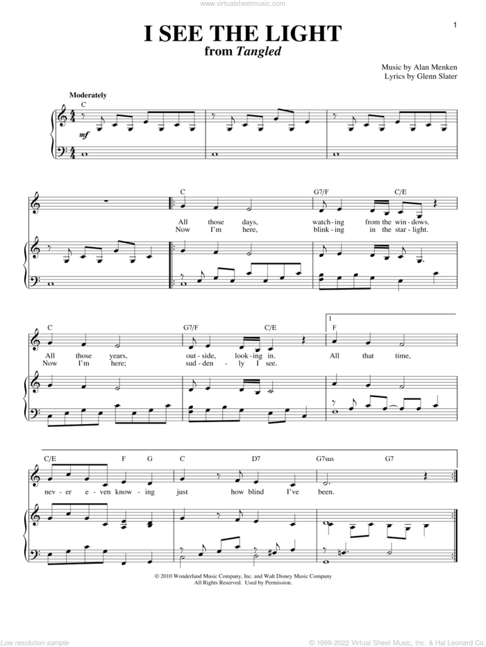 I See The Light (from Tangled) sheet music for voice and piano by Alan Menken and Glenn Slater, intermediate skill level