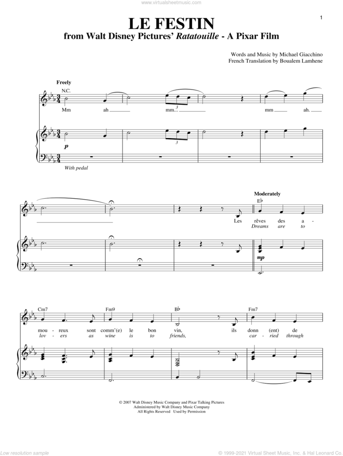 Le Festin (from Ratatouille) sheet music for voice and piano by Michael Giacchino and Boualem Lamhene, intermediate skill level