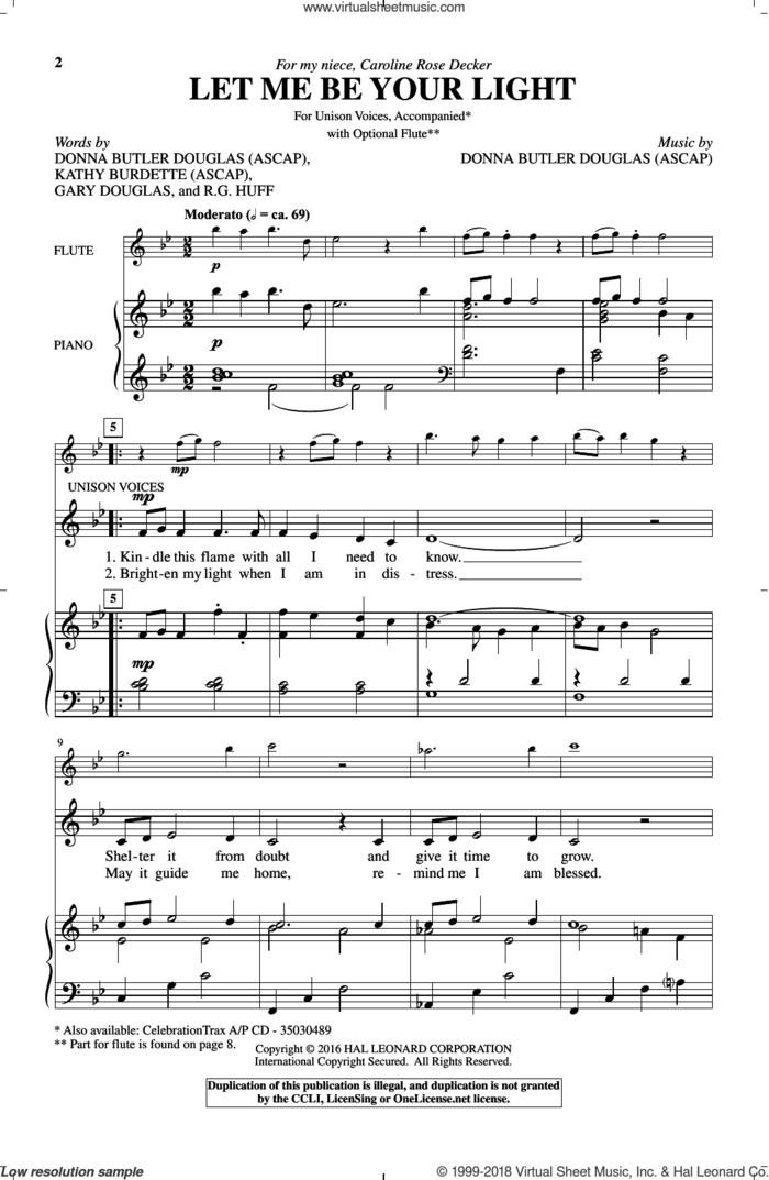 Let Me Be Your Light sheet music for choir (Unison) by Donna Butler Douglas, Gary Douglas, Kathy Burdette and R.G. Huff, intermediate skill level