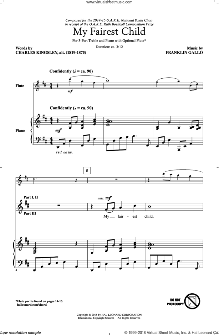 My Fairest Child sheet music for choir (3-Part Treble) by Franklin Gallo and Charles Kingsley, intermediate skill level