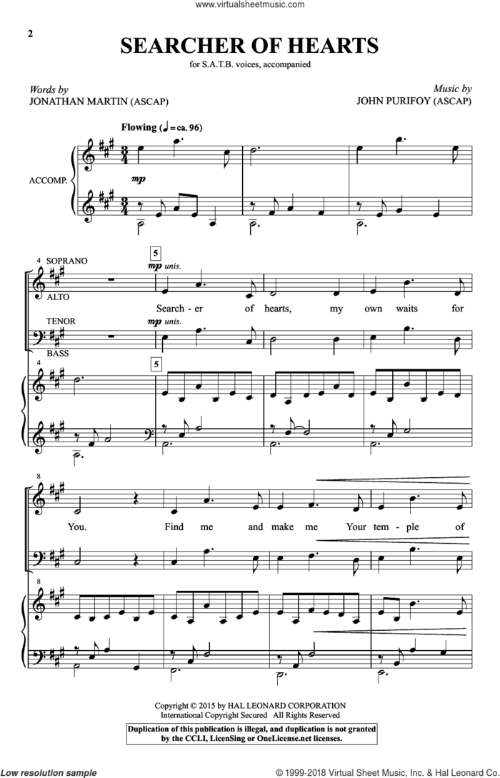 Searcher Of Hearts sheet music for choir (SATB: soprano, alto, tenor, bass) by John Purifoy and Jonathan Martin, intermediate skill level