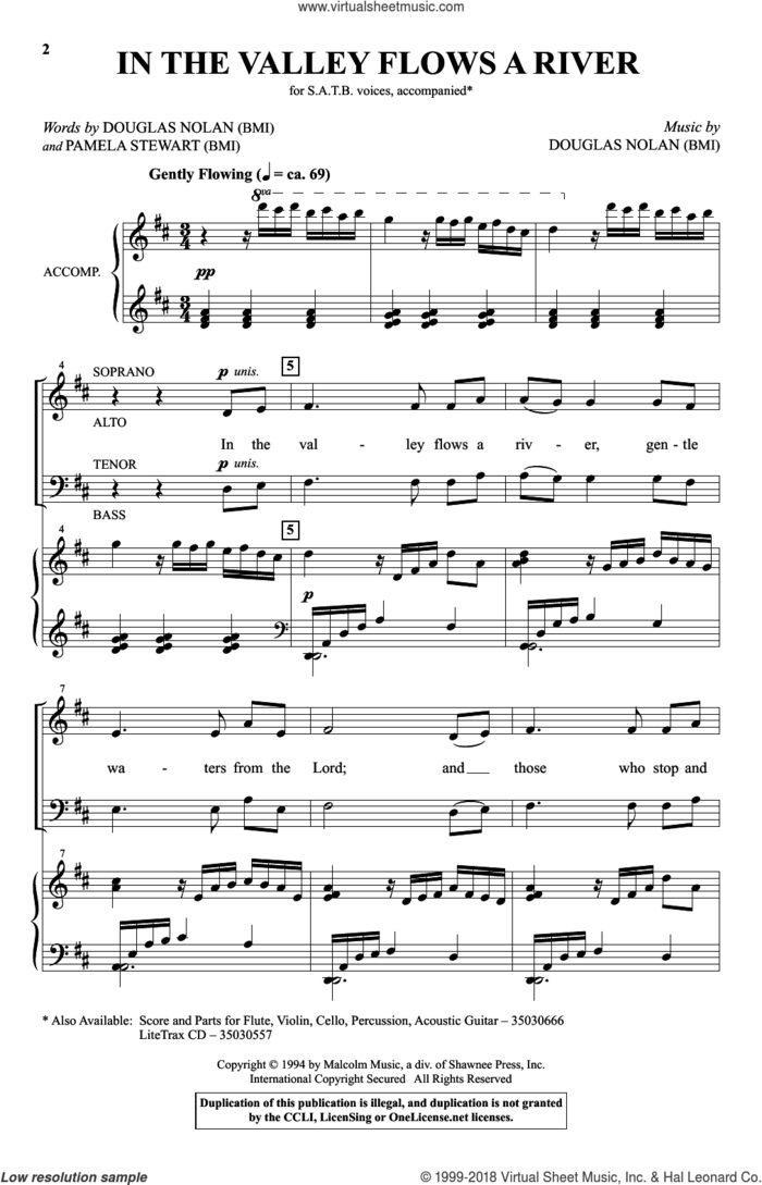 In The Valley Flows A River sheet music for choir (SATB: soprano, alto, tenor, bass) by Douglas Nolan, Pamela Stewart and Pamela Martin, intermediate skill level