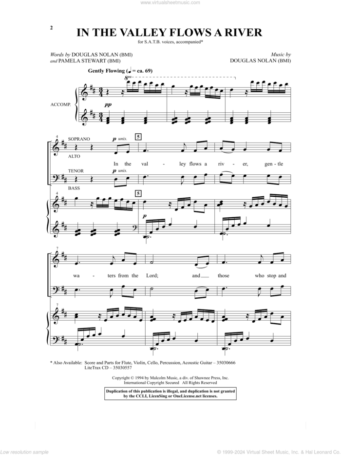 In The Valley Flows A River sheet music for choir (SATB: soprano, alto, tenor, bass) by Douglas Nolan, Pamela Stewart and Pamela Martin, intermediate skill level