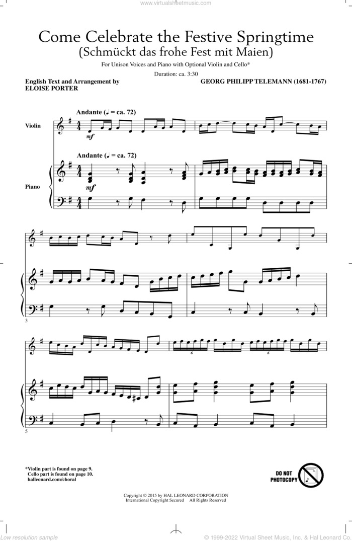 Come Celebrate The Festive Springtime (arr. Eloise Porter) sheet music for choir (Unison) by Georg Philipp Telemann and Eloise Porter, intermediate skill level